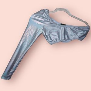 Club Exx Dollskill Holographic Mystic Deceiver Asymmetrical One Sleeve Crop Top